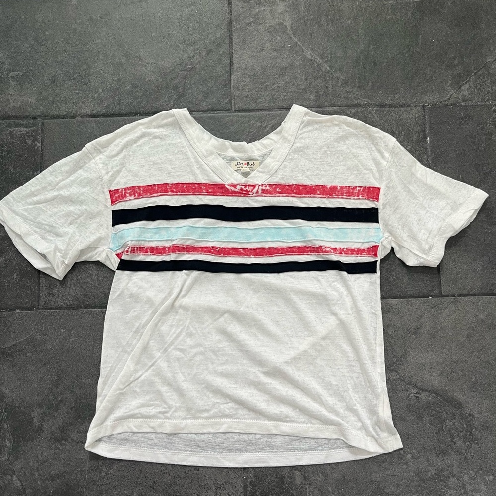 Sheer White Cropped Tee with Red, Blue and Black Stripes